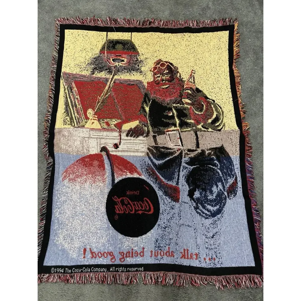 1994 Coca Cola Santa Clause Christmas Holiday Woven Fringe Throw Blanket 44X58